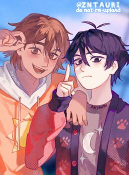 2boys alternate_costume antenna_hair artist_name black_eyes black_hair blurry blurry_background brown_eyes brown_hair cardigan closed_mouth commentary dark-skinned_male dark_skin double-parted_bangs english_commentary highres hood hood_down hoodie index_finger_raised kel_(faraway)_(omori) kel_(omori) long_sleeves looking_at_viewer male_focus multiple_boys omori open_cardigan open_clothes open_mouth orange_hoodie short_hair sunny_(omori) teeth tongue zntauri