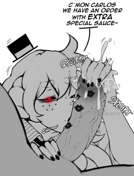 1boy 1girl assertive_female cum demon_girl ejaculation english_text erection glansjob highres jsq012 kissing_penis large_penis lipstick_mark lipstick_mark_on_penis one_eye_closed opaluva_(character) original penis pov red_eyes spot_color