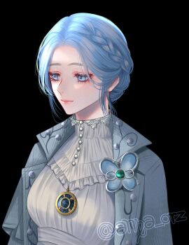 1girl anya_orz artist_name black_background blue_coat blue_eyes blue_hair braid coat commentary crown_braid english_commentary eyelashes highres lies_of_p looking_ahead open_clothes open_coat pink_lips simple_background solo sophia_monad twitter_username upper_body watermark