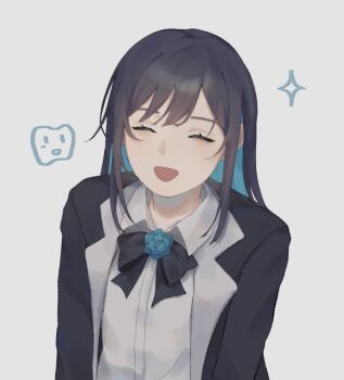 1girl ado_(utaite) black_bow black_bowtie black_coat black_hair blue_hair blush bow bowtie chando_(ado) closed_eyes coat collared_shirt colored_inner_hair commentary dress_shirt grey_background ha-chan_(ado) haruyan0119 highres long_hair mole mole_under_eye multicolored_hair open_clothes open_coat open_mouth shirt simple_background solo sparkle symbol-only_commentary utaite white_shirt