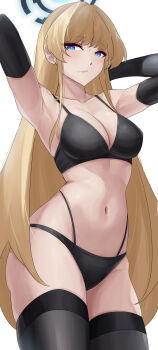 1girl absurdres alternate_costume arms_behind_head black_bra black_gloves black_panties black_thighhighs blonde_hair blue_archive blue_eyes blue_halo blush bra breasts casperrin cleavage closed_mouth collarbone commentary elbow_gloves english_commentary feet_out_of_frame gloves halo highres lips long_hair looking_at_viewer mechanical_halo medium_breasts navel panties sidelocks simple_background solo standing thighhighs thighs toki_(blue_archive) underwear very_long_hair white_background