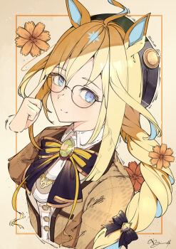 1girl ahoge animal_ears beret black_bow blonde_hair blue_eyes blush bow braid breasts brown_jacket closed_mouth collared_shirt commentary_request cropped_torso flower glasses hair_bow hat highres horse_ears horse_girl jacket long_braid long_hair looking_at_viewer multicolored_hair neo_universe_(like_"zeer")_(umamusume) neo_universe_(umamusume) official_alternate_costume official_alternate_hairstyle ribbon shikahisa_totani shirt smile solo two-tone_hair umamusume white_shirt