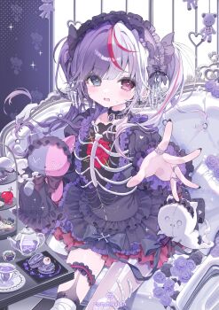 1girl absurdres asymmetrical_legwear black_choker black_dress black_flower black_nails black_ribbon black_rose bone bone-shaped_pupils choker commentary commission couch cracked_skin cross cup disembodied_hand dress flower flustered food frilled_choker frilled_dress frills grey_eyes hairband heart heart-shaped_pupils heart_(organ) heterochromia highres hole_in_chest hole_on_body jewelry konpe_itou lolita_fashion lolita_hairband looking_at_viewer macaron multicolored_hair multiple_rings on_couch original outstretched_hand parted_lips purple_flower purple_hair purple_rose red_eyes red_streaks ribbon ribs ring rose see-through_body skeletal_hand solo stuffed_toy sweatdrop symbol-only_commentary symbol-shaped_pupils tea_set teacup teapot tearing_up thigh_scrunchie too_many too_many_frills twintails two-tone_dress watermark white_hair x_x