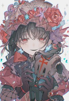 1girl black_gloves black_hair blue_flower braid earrings face_gems fishnet_sleeves fishnets floating_clothes floating_hair flower flower_earrings frilled_gloves frills gem gloves headdress highres holding holding_stuffed_toy identity_v jewelry looking_at_viewer memory_(identity_v) memory_(miss_pomegranate_plate)_(identity_v) no_pupils official_alternate_costume puffy_sleeves purple_flower raised_eyebrows red_eyes red_flower red_gemstone red_rose red_sleeves ribbon-trimmed_gloves ribbon_trim rose side_braid solo striped_blush stuffed_animal stuffed_toy yue_(shemika98425261)