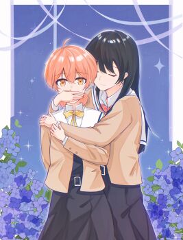 2girls ahoge black_dress black_hair brown_shirt closed_eyes closed_mouth commentary covering_another&#039;s_mouth dress hair_between_eyes hashtag-only_commentary highres hug koito_yuu long_hair long_sleeves mim120809 multiple_girls nanami_touko neck_ribbon orange_eyes orange_hair pink_hair red_ribbon ribbon school_uniform shirt short_hair tohmi_higashi_high_school_uniform yagate_kimi_ni_naru yellow_ribbon yuri