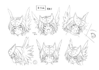 10s 1girl absurdres blush braid reference_sheet female_focus helmet highres long_hair looking_at_viewer looking_to_the_side mirim monochrome multiple_views official_art open_mouth queen&#039;s_blade queen&#039;s_blade_rebellion simple_background single_braid upper_body white_background winged_helmet