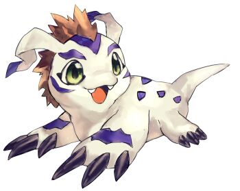 black_claws colored_skin digimon digimon_(creature) fangs gomamon green_eyes highres mohawk multicolored_skin open_mouth orange_hair reptile sayoko404 solo two-tone_skin white_background white_skin