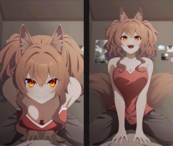 1girl absurdres angelina_(arknights) animal_ears arknights bare_shoulders breasts downblouse extended_downblouse fox_ears fox_tail good_morning_my_brother_(meme) hanging_breasts highres leaning_forward multiple_views no_bra scene_reference starelium tail tokidoki_bosotto_roshia-go_de_dereru_tonari_no_alya-san