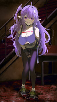 1girl absurdres ahoge black_choker black_pantyhose black_shorts breasts choker cleavage crescent crescent_hair_ornament eepy_sleepy eepy_sleepy_(sleepy_2.0) hair_intakes hair_ornament highres kebohan large_breasts long_hair open_mouth pantyhose phase_connect pointy_ears second-party_source shoes shorts solo star_(symbol) star_hair_ornament teeth thigh_gap upper_teeth_only virtual_youtuber