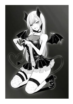 1girl absurdres bare_shoulders batto_neko blush border breasts demon_girl demon_horns demon_tail demon_wings full_body grey_background greyscale head_wings heart heart_hands highres horns kitagawa_marin kneeling large_breasts long_hair monochrome multiple_wings one_eye_closed see-through_clothes simple_background solo sono_bisque_doll_wa_koi_wo_suru tail white_border wings