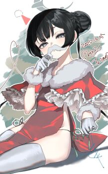 1girl arm_up black_hair blue_archive commentary_request dated double_bun fake_facial_hair fake_mustache gloves grey_eyes grey_halo hair_bun halo kagu_(a_hazy_moon) kisaki_(blue_archive) looking_at_viewer merry_christmas panties santa_costume side-tie_panties sitting solo thighhighs underwear white_background white_gloves white_thighhighs