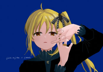 Rule 34 | 1girl, absurdres, black shirt, blonde hair, blue background, bocchi the rock!, bracelet, chanel, commentary request, expressionless, hands up, highres, ijichi nijika, jewelry, long sleeves, necklace, parted lips, saltyacurry, shirt, side ponytail, simple background, solo, white background, yellow eyes
