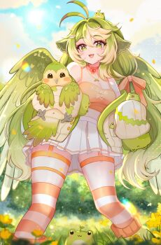Rule 34 | 1girl, absurdres, aeryarts (vtuber), aki hoshino, bird girl, breasts, cleavage, cloud, colored tips, commentary, english commentary, feathered wings, flower, frog on head, grass, green eyes, green hair, green wings, hair ribbon, heart, heart in eye, highres, indie virtual youtuber, jewelry, kakapo, long hair, mole, mole under eye, multicolored hair, multicolored thighhighs, multiple moles, necklace, open mouth, orange thighhighs, pink ribbon, pleated skirt, ribbon, signature, skirt, sky, sleeves past fingers, sleeves past wrists, smile, striped clothes, striped thighhighs, symbol in eye, thighhighs, two-tone thighhighs, virtual youtuber, white hair, white skirt, white thighhighs, wings, yellow flower