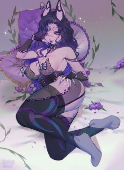 1girl absurdres animal_ear_piercing animal_ears animal_nose ass belt_collar black_bustier black_choker black_hair black_hands black_thighhighs blue_pupils breasts bug bustier butterfly butterfly_on_ear choker claw_ring collar colored_extremities colored_skin commentary commission cross cross_choker crystal cushion english_commentary eyelashes eyeshadow facial_mark flower flower-shaped_pupils forehead forehead_mark frilled_pillow frills full_body garter_straps gradient_background gradient_hair grey_skin hair_over_shoulder hand_on_own_thigh head_on_hand head_rest highres insect jewelry lace lace-up_top lace_thighhighs light_particles light_smile lipstick long_hair looking_at_viewer lying makeup medium_breasts multicolored_hair multicolored_skin multiple_rings noisykoala on_side original parted_lips petals pillow purple_eyes purple_eyeshadow purple_flower purple_hair purple_lips purple_pillow rabbit_ears rabbit_girl ring shiny_skin sparkle strapless symbol-shaped_pupils thick_lips thighhighs two-tone_hair two-tone_skin wavy_hair willow