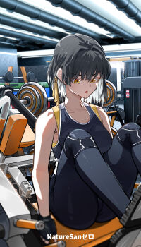 1girl absurdres alternate_costume artist_name bare_shoulders black_gloves black_hair black_leggings black_sports_bra breasts collarbone colored_inner_hair commentary english_commentary exercising female_rover_(wuthering_waves) fingerless_gloves gloves gym hair_ribbon highres indoors leggings medium_breasts medium_hair multicolored_hair open_mouth ribbon rover_(wuthering_waves) ryeon_(naturesan) solo sports_bra white_hair wuthering_waves yellow_eyes yellow_ribbon