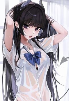 1girl adjusting_hair arms_behind_head arms_up black_hair blue_bra blunt_bangs blush bow bowtie bra breasts button_gap collared_shirt commentary demon_girl demon_horns demon_tail fangs hair_flowing_over hair_lift hand_in_own_hair hands_in_own_hair highres horns long_hair looking_at_viewer medium_breasts mole mole_on_arm mole_on_breast mole_under_eye ompf original partially_unbuttoned piercing purple_eyes revision see-through_clothes shirt short_sleeves solo tail underwear upper_body very_long_hair wet wet_clothes wet_shirt white_shirt