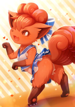 absurdres animal blue_skirt clothed_animal cropped_shirt frilled_skirt frills gen_1_pokemon highres multiple_tails nintendo open_mouth pawpads pokemon pokemon_(creature) shirt skirt sleeveless sleeveless_shirt smile solo suzushiro_(gripen39) tail vulpix