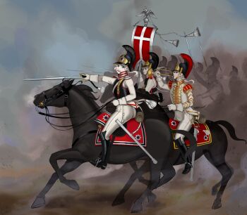 1girl 3girls absurdres armor black_horse blue_eyes boots cavalry_sword cuirass cuirassier cuirassier_helmet curly_hair epaulettes floating_hair full_body gloves helmet highres holding holding_instrument holding_sword holding_trumpet holding_weapon imperial_austrian_army instrument katyusha_(98269886) long_hair long_sleeves looking_at_viewer military military_uniform multiple_girls napoleonic_wars open_mouth original pants riding riding_outfit scabbard sheath short_hair sitting smile stirrups_(riding) sword tassel trumpet weapon white_epaulettes white_gloves white_hair