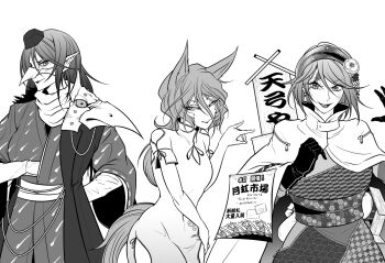 3girls animal_ears beak_mask breasts cloak closed_mouth commentary_request cowboy_shot dress fox_ears fox_girl fox_shadow_puppet fox_tail gloves greyscale hairband hat highres iizunamaru_megumu japanese_clothes kimono kudamaki_tsukasa large_breasts long_hair looking_at_viewer medium_breasts monochrome multiple_girls obi open_mouth pointy_ears romper ryuuichi_(f_dragon) sash shirt short_hair simple_background sleeve_ribbon smile tail tenkyuu_chimata tokin_hat touhou translation_request white_background