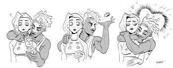 Rule 34 | 1boy, 1girl, ?, absurdres, arcane: league of legends, arcane jinx, arms around neck, artist name, bags under eyes, bare arms, bare shoulders, bomb, breasts, couple, crop top, dark-skinned male, dark skin, dreadlocks, ekko (league of legends), explosion, explosion background, explosive, facial mark, findoworld, firelight ekko, hetero, highres, holding, holding bomb, jinx (league of legends), league of legends, long hair, medium breasts, midriff, parted lips, short hair, throwing away, upper body, white hair