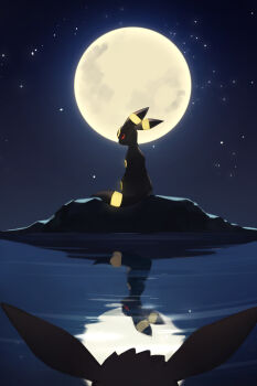 animal_focus backlighting blue_sky eevee facial_mark forehead_mark from_behind full_moon gen_1_pokemon gen_2_pokemon looking_at_another looking_back moon night nintendo no_humans outdoors pokemon pokemon_(creature) profile red_eyes ripples shine_cheese sitting sky slit_pupils solo_focus star_(sky) umbreon water