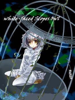 1girl birdcage black_background brown_shoes cage character_name commentary_request full_body fur-trimmed_sweater fur_trim kemono_friends long_sleeves looking_at_viewer northern_white-faced_owl_(kemono_friends) open_mouth pantyhose pom_pom_(clothes) seiza shinjitsu_no_kuchi shoes short_hair sitting solo sweater white_hair white_pantyhose white_sweater yellow_eyes