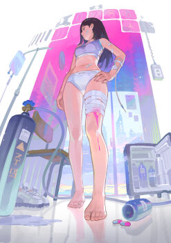 1girl bandaged_leg bandages bandaid bandaid_on_arm bandaid_on_face bandaid_on_stomach barefoot black_hair blood bottle bra chair commentary ddal from_below gas_cylinder hand_on_own_hip highres iv_stand long_hair looking_to_the_side navel original panties pill pill_bottle pink_blood purple_bra shoes sign solo sports_bra standing underwear underwear_only unworn_shoes warning_sign white_panties