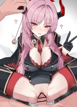 1boy 1girl ? absurdres bar_censor black_gloves blue_archive breasts censored cleavage coin coin_on_string commentary_request demon_girl demon_horns gloves halo hetero highres holding holding_pendulum holed_coin horns huge_breasts hypnosis long_hair mind_control mole mole_on_breast necktie pad_sex_cyclops pendulum penis pink_hair pussy red_eyes red_necktie satsuki_(blue_archive) sex short_necktie spread_legs thighhighs v vaginal