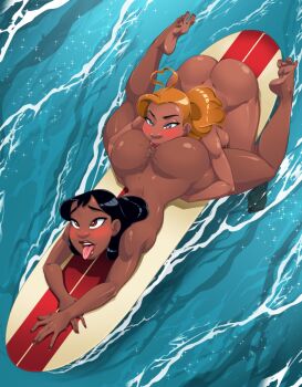 2girls absurdres anilingus ass black_hair blonde_hair brown_hair completely_nude dark-skinned_female dark_skin highres lifeguard_(lilo_&amp;_stitch) lilo_&amp;_stitch long_hair multiple_girls nani_pelekai nude omiiverse surfboard tongue tongue_out water yuri