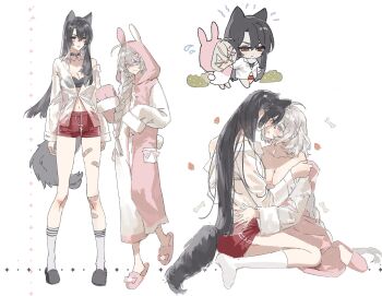 2girls animal_ears bandaid bandaid_on_leg black_bra black_choker black_footwear black_hair blush bone bra braid breasts choker cleavage closed_mouth commentary_request ear_blush flying_sweatdrops food fruit hair_ornament hand_on_another's_waist heart heart_hair_ornament highres kneehighs large_breasts long_hair looking_at_another multiple_girls ny1n_49 off_shoulder onesie original parted_lips pink_eyes purple_eyes red_eyes red_shorts shorts simple_background single_braid slippers smile socks strawberry tail underwear white_background white_hair white_socks wolf_ears wolf_girl wolf_tail yuri