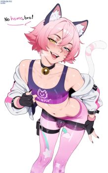 1boy animal_ears bell bent_over bike_shorts bike_shorts_pull black_gloves blue_eyes blush bulge cat_boy cat_ears cat_tail clothes_pull collar collarbone covered_erect_nipples feet_out_of_frame fingerless_gloves freckles gloves half-closed_eyes heterochromia highres jacket lilatole looking_at_viewer meme midriff navel neck_bell no_homo_(meme) open_clothes open_jacket original pants pantyhose pink_hair pink_pantyhose purple_tank_top seductive_smile short_hair shorts shorts_pull smile solo standing tail tank_top thigh_strap tight_clothes tight_pants trap white_jacket yellow_eyes