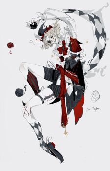 1boy alternate_costume argyle_clothes argyle_socks black_eyes black_sclera black_shorts black_vest blonde_hair bow colored_sclera frilled_shirt_collar frills highres hullabaloo_(identity_v) identity_v khanh_v_y legwear_garter male_focus mismatched_socks red_bow shirt shorts socks solid_eyes stitched_mouth stitches striped_clothes striped_shorts striped_socks striped_vest vest wavy_hair white_shirt