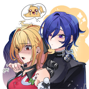 Rule 34 | 2girls, absurdres, ahoge, bare shoulders, behind another, black cloak, blonde hair, blue hair, chalky (zenless zone zero), cissia (zenless zone zero), cloak, closed mouth, collar, commentary request, crescent, crescent earrings, detached sleeves, earrings, hair between eyes, hair ornament, highres, jewelry, long hair, mizmizu27, multiple girls, open mouth, pom pom (clothes), pom pom hair ornament, promeia (zenless zone zero), purple eyes, red eyes, snake, speech bubble, sweat, thought bubble, white background, white snake, zenless zone zero