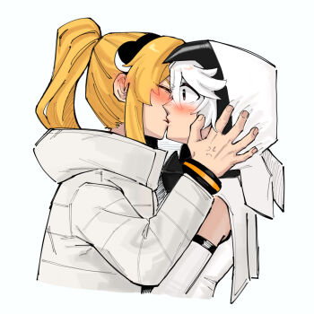 2girls anger_vein blonde_hair blush closed_eyes commentary gmeg011 hashtag-only_commentary highres hood hood_up jacket kiss koishikawa_iko long_sleeves multiple_girls ponytail red_eyes shirt shy_(character) shy_(series) simple_background spoilers white_background white_hair white_hood white_jacket yuri