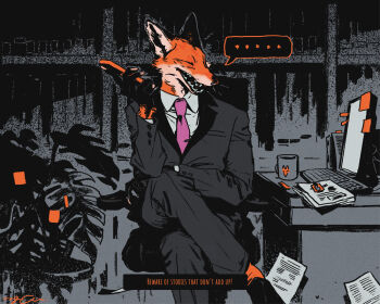 ... 1boy animal_ears black_jacket black_pants black_suit body_fur chair closed_eyes computer computer_keyboard crossed_legs desk english_text feet_out_of_frame formal_clothes fox_boy fox_ears furry furry_male holding holding_phone indoors jacket limited_palette male_focus nagabe necktie office_chair open_mouth orange_fur original pants paper phone pink_nails pink_necktie plant potted_plant sharp_teeth signature sitting solo spoken_ellipsis suit swivel_chair teeth