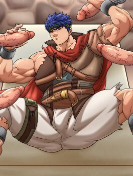 5boys absurdres armpit_hair baobaoart bara biceps blue_eyes blue_hair commentary cuffs english_commentary erection fire_emblem fire_emblem:_radiant_dawn green_headband headband highres ike_(fire_emblem) lying male_focus multiple_boys muscular muscular_male nintendo on_back paid_reward_available penis shackles short_hair solo_focus surrounded_by_penises torn_clothes variant_set veins veiny_penis yaoi