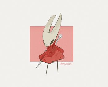 1girl arthropod_girl artist_name black_eyes border chinese_commentary cloak commentary_request film_grain full_body grey_border halftone hightguy hollow_knight hornet_(hollow_knight) horns needle_(hollow_knight) outside_border red_background red_cloak simple_background solo square standing weapon weapon_on_back white_background