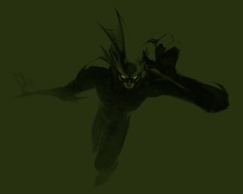 arm_up claws darkstalkers fins fish full_body glowing glowing_eyes green_background highres hoodratt20xx monster no_pupils rikuo_(darkstalkers) swimming underwater yellow_eyes