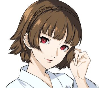 1girl blunt_bangs braid brown_hair closed_mouth commentary crown_braid fingernails hand_up light_smile long_sleeves looking_at_viewer medium_hair niijima_makoto persona persona_5 portrait red_eyes robe simple_background solo wanderstillart white_background white_robe