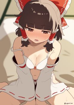 1girl :o absurdres bare_legs barefoot blunt_bangs blush bow bow_bra bow_panties bra breasts brown_hair cleavage collarbone commentary detached_sleeves frilled_bow frilled_hair_tubes frills hair_bow hair_tubes hakurei_reimu highres hime_cut kapuri_(capuriwa) looking_ahead medium_breasts navel nose_blush panties sitting solo stomach strap_slip sweat touhou twitter_username underwear wariza white_bra white_panties