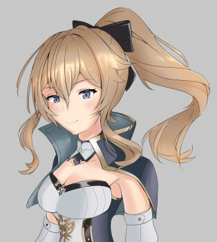 1girl abatr absurdres black_bow blonde_hair blue_eyes bow breasts capelet cleavage closed_mouth detached_collar detached_sleeves double-parted_bangs floating_hair genshin_impact grey_background hair_between_eyes hair_bow highres jean_(genshin_impact) large_breasts long_hair looking_at_viewer ponytail portrait sidelocks simple_background smile solo