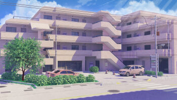 3d absurdres blue_sky building bush car cloud commentary crosswalk day dmitry_kuznetsov door english_commentary highres hotel industrial_pipe motor_vehicle no_humans original outdoors power_lines road scenery shadow sidewalk sky street summer traffic_cone tree utility_pole van window