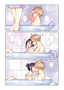 +++ 1boy 1girl babigonice bare_legs bathing bathroom bathtub black_hair blonde_hair blue_eyes blush cloud_strife commentary couple covering_own_eyes final_fantasy final_fantasy_vii final_fantasy_vii:_advent_children flying_sweatdrops from_side heart highres indoors kiss long_hair looking_at_another naked_towel nude open_mouth profile sequential shared_bathing short_hair sitting sitting_on_lap sitting_on_person smile sparkle speech_bubble spiked_hair symbol-only_commentary tifa_lockhart towel updo upper_body