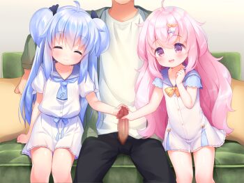 2girls ahoge black_pants blue_bow blue_hair blue_necktie blue_sailor_collar blush bow bowtie buttons censored closed_eyes closed_mouth collarbone cooperative_handjob couch double_bun erection feet_out_of_frame game_cg hair_bow hair_bun hand_up handjob harem_futago_lolita head_out_of_frame hetero large_variant_set loli long_hair mosaic_censoring multiple_girls necktie non-web_source open_mouth pants penis pillow pink_eyes pink_hair pleated_skirt sailor_collar shirt short_sleeves siblings sisters sitting skirt smile sunao_(harem_futago_lolita) teamwork_(sexual) tomari_(harem_futago_lolita) twins usashiro_mani variant_set white_shirt white_skirt yellow_bow yellow_bowtie