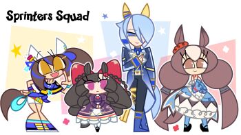 4girls absurdly_long_hair animal_ear_piercing animal_ears ankle_socks ascot bare_shoulders bead_bracelet bead_necklace beads belt bib_collar black_hair black_pants black_shoes blue_boots blue_coat blue_dress blue_eyes blue_hair blue_pantyhose blue_shirt blue_shoes blue_sleeves blue_socks blunt_bangs blunt_ends boots bow bracelet braid brooch brown_eyes brown_hair bubble_skirt cartoonized chain chain_earrings closed_mouth clothing_cutout coat crossdressing crossdressing_(ftm) daiichi_ruby_(brilliant_red_gemstone)_(umamusume) daiichi_ruby_(umamusume) daitaku_helios_(fun_fun_party_night)_(umamusume) daitaku_helios_(umamusume) detached_sleeves dress dress_pants ear_covers ear_ornament ear_scrunchie english_text expressionless eyelashes eyes_visible_through_hair fang flower formal_clothes frilled_dress frilled_sleeves frills gyaru hair_beads hair_bow hair_flower hair_ornament hair_over_one_eye hand_on_own_chest hand_on_own_hip hands_on_lap happy hashtag-only_commentary height_difference highres horse_ears horse_girl horse_tail jewelry juliet_sleeves k.s.miracle_(prism)_(umamusume) k.s.miracle_(umamusume) large_bow leaning_to_the_side light_frown long_dress long_eyelashes long_hair long_skirt long_sleeves low_twintails mary_janes multicolored_hair multiple_girls multiple_piercings necklace necktie open_mouth outline own_hands_together pants pantyhose pendant puffy_sleeves purple_dress purple_eyes red_bow red_flower red_necktie red_rose red_scrunchie rose scrunchie shirt shoes short_dress short_hair short_sleeves shorts shoulder_cutout side_ponytail skirt skirt_under_dress sleeve_cuffs sleeveless sleeveless_dress sleeves_past_wrists smile sneakers socks standing star_(symbol) streaked_hair striped_clothes striped_shirt tail tailcoat tall_female toon_(style) trizookaz twin_braids twintails two-tone_hair umamusume very_long_hair white_ascot white_background white_outline white_pantyhose white_shorts white_skirt wide_sleeves wristband yamanin_zephyr_(fluttertail_spirit)_(umamusume) yamanin_zephyr_(umamusume) yellow_belt yellow_eyes