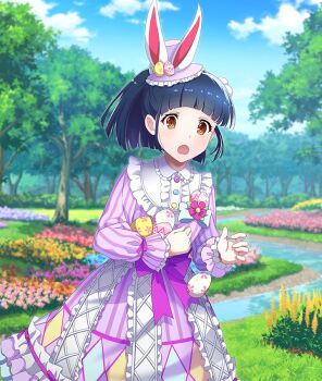 1girl :o animal_ears blue_flower blue_hair blue_sky blunt_bangs blunt_ends cloud day dot_nose dress dropping easter easter_egg egg feet_out_of_frame field flower flower_field frilled_dress frilled_hat frills game_cg grass hat hat_with_ears holding holding_egg long_sleeves looking_at_viewer mini_hat mini_top_hat nakano_jun official_art open_mouth orange_eyes outdoors pink_flower pinstripe_dress pinstripe_pattern purple_dress purple_flower purple_hat rabbit_ears red_flower short_hair sidelocks sky small_sweatdrop solo stream striped_clothes striped_dress third-party_source tilted_headwear toji_no_miko toji_no_miko:_kizamishi_issen_no_tomoshibi top_hat tree vertical-striped_clothes vertical-striped_dress yellow_flower