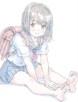 1girl arm_support backpack bag barefoot between_legs blue_sailor_collar blue_skirt blunt_bangs blush bow bowtie brown_eyes brown_hair closed_mouth dot_nose highres looking_at_viewer original parted_bangs pleated_skirt poranka_(porankaran) randoseru red_bow red_bowtie sailor_collar school_uniform serafuku shirt sidelocks simple_background sitting skirt smile solo white_background white_shirt