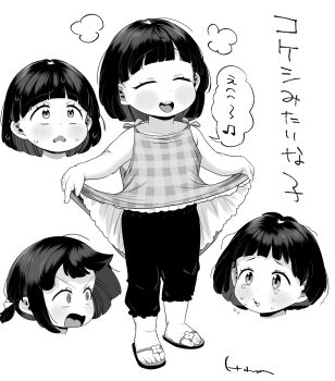 1girl blush capri_pants child closed_eyes crying crying_with_eyes_open dress frilled_dress frills greyscale highres kereno medium_hair monochrome multiple_expressions multiple_views musical_note open_mouth original pants pants_under_dress plaid_clothes plaid_dress sandals skirt_hold sleeveless sleeveless_dress smile speech_bubble spoken_musical_note sweat tears teeth translation_request upper_teeth_only v-shaped_eyebrows