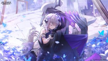 Rule 34 | 1girl, aether gazer, artist request, black flower, black gloves, blue butterfly, bug, butterfly, closed eyes, closed mouth, copyright name, copyright notice, fingernails, flower, gloves, grey hair, highres, hug, insect, official art, oneiroi (aether gazer), purple nails, sharp fingernails, short hair, white flower