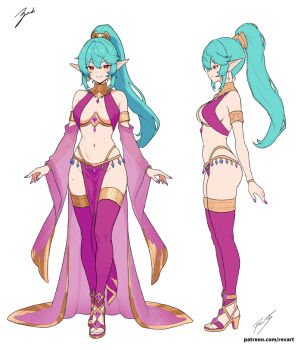 1girl aqua_hair bare_shoulders blush breast_curtains breasts bridal_gauntlets closed_mouth commentary english_commentary gem harem_outfit high_heels high_ponytail large_breasts long_hair looking_at_viewer mole mole_on_breast mole_on_thigh mole_under_eye multiple_views original panties parted_lips pelvic_curtain pink_thighhighs pointy_ears ponytail purple_gem purple_nails red_eyes reference_sheet revenantart see-through_clothes see-through_sleeves simple_background smile thighhighs underwear very_long_hair white_background zadi_(revenantart)